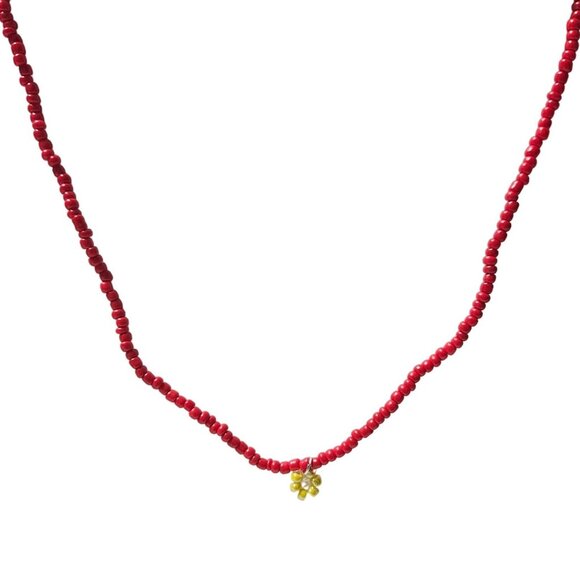 Handmade Yellow Flower Charm Necklace Boho Retro 70s Red Beaded Fashion Jewelry - Picture 1 of 5